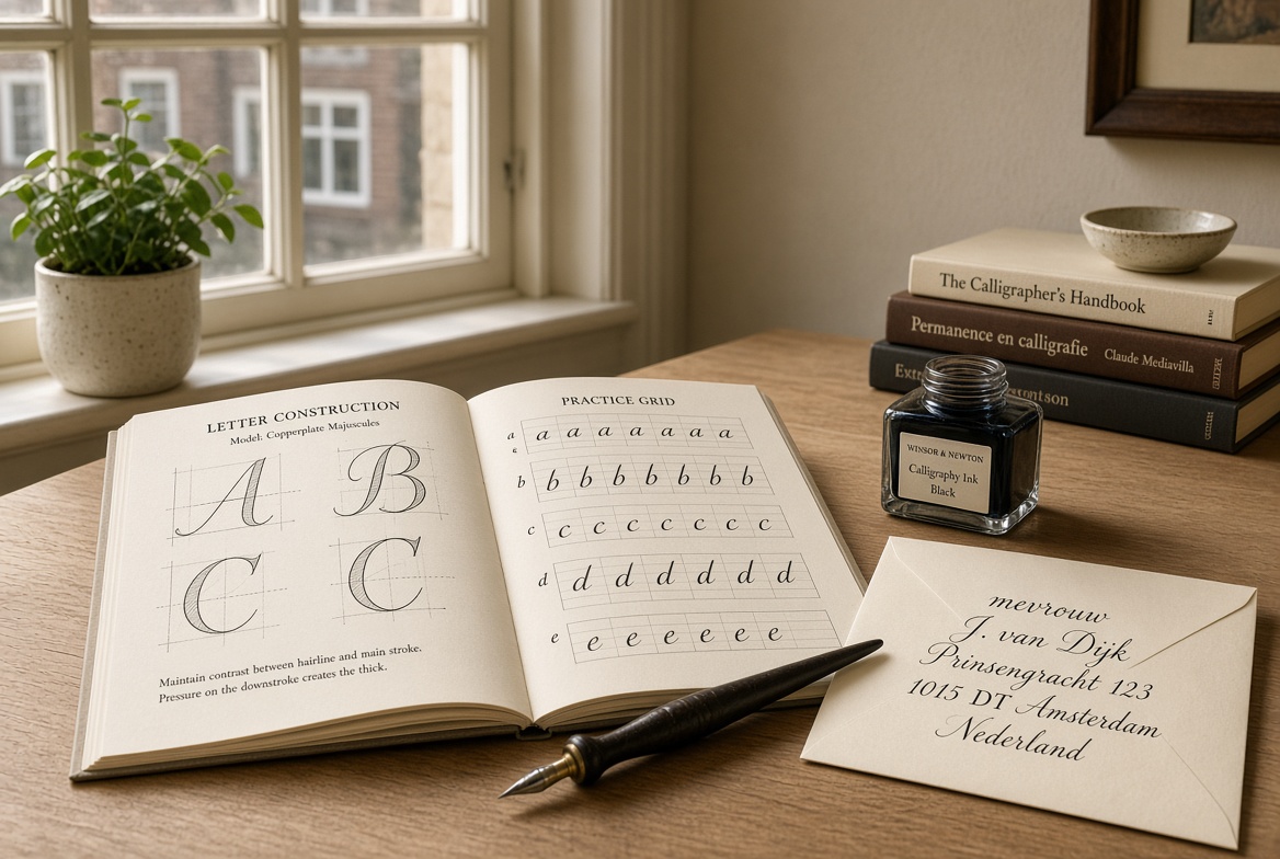 Open calligraphy notebook showing letter construction diagrams, pointed pen, ink, and a finished addressed envelope on a wooden desk